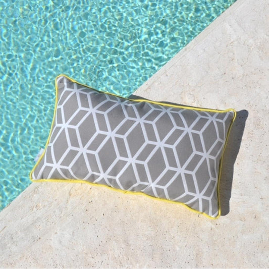 Designer Outdoor Dekokissen Calvia – Wetterfestes Gartenkissen in Grau mit gelbem Akzent