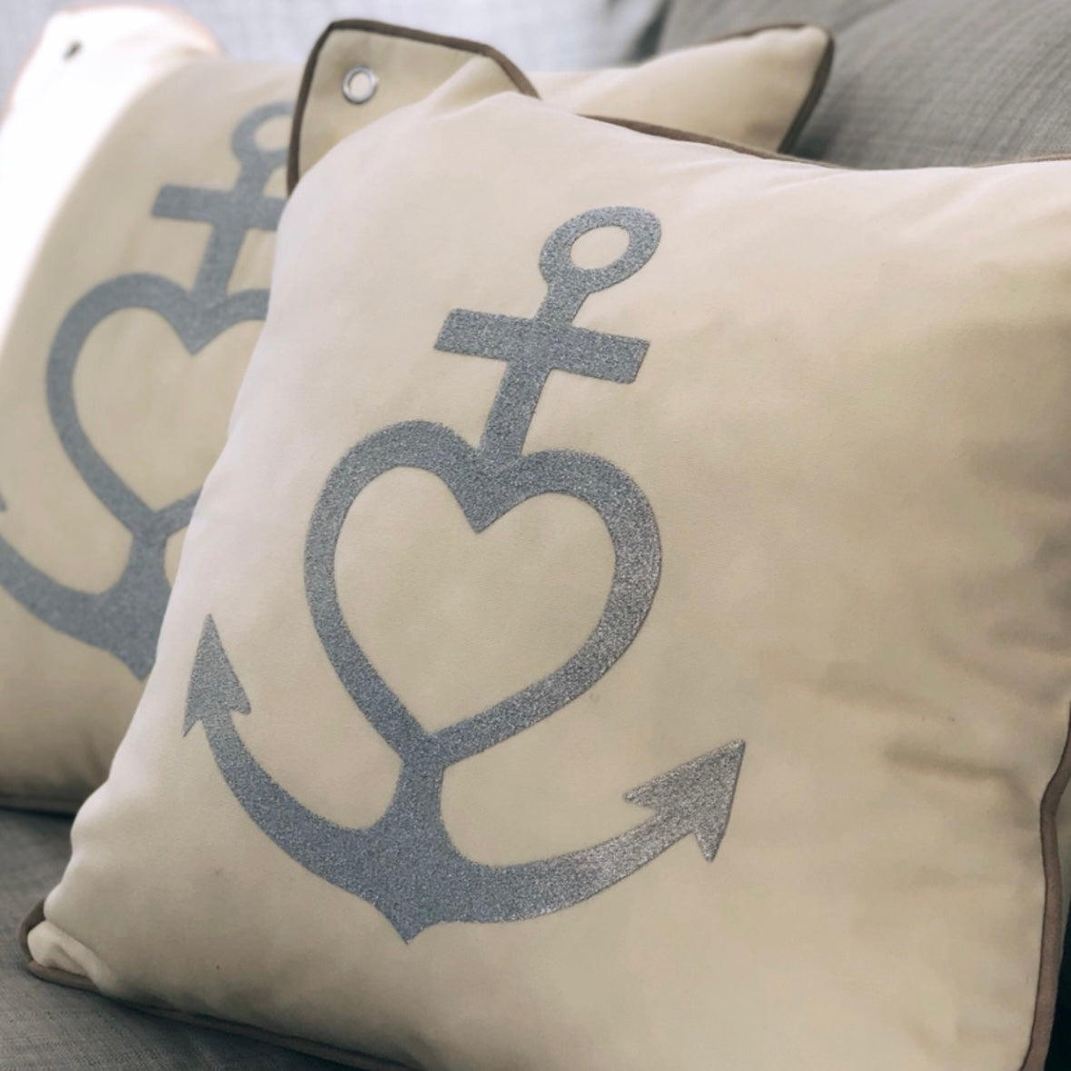 Boat cushions, canvas, heart/cross, 45x45 cm, set of 2
