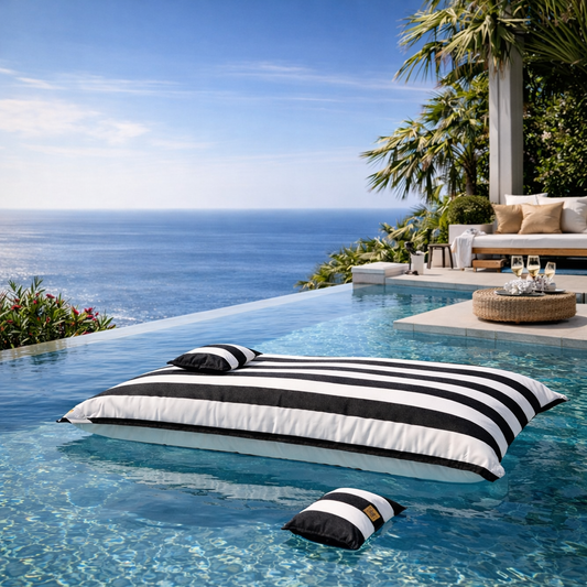 Pool Sitzsack Lungo 190/100 cm im Blockstreifen Design schwarz/weiß von chillisy auf dem Wasser im Pool schwebend mit zwei Swimmkissen.
