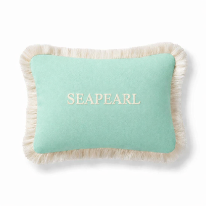 chillisy Yachtkissen SEAPEARL in der Farbe Mint zum Personalisieren mit eigenem Yachtnamen. SEAPEARL dient als Platzhalter für das eigene wetterfeste Bootskissen mit Fransen.