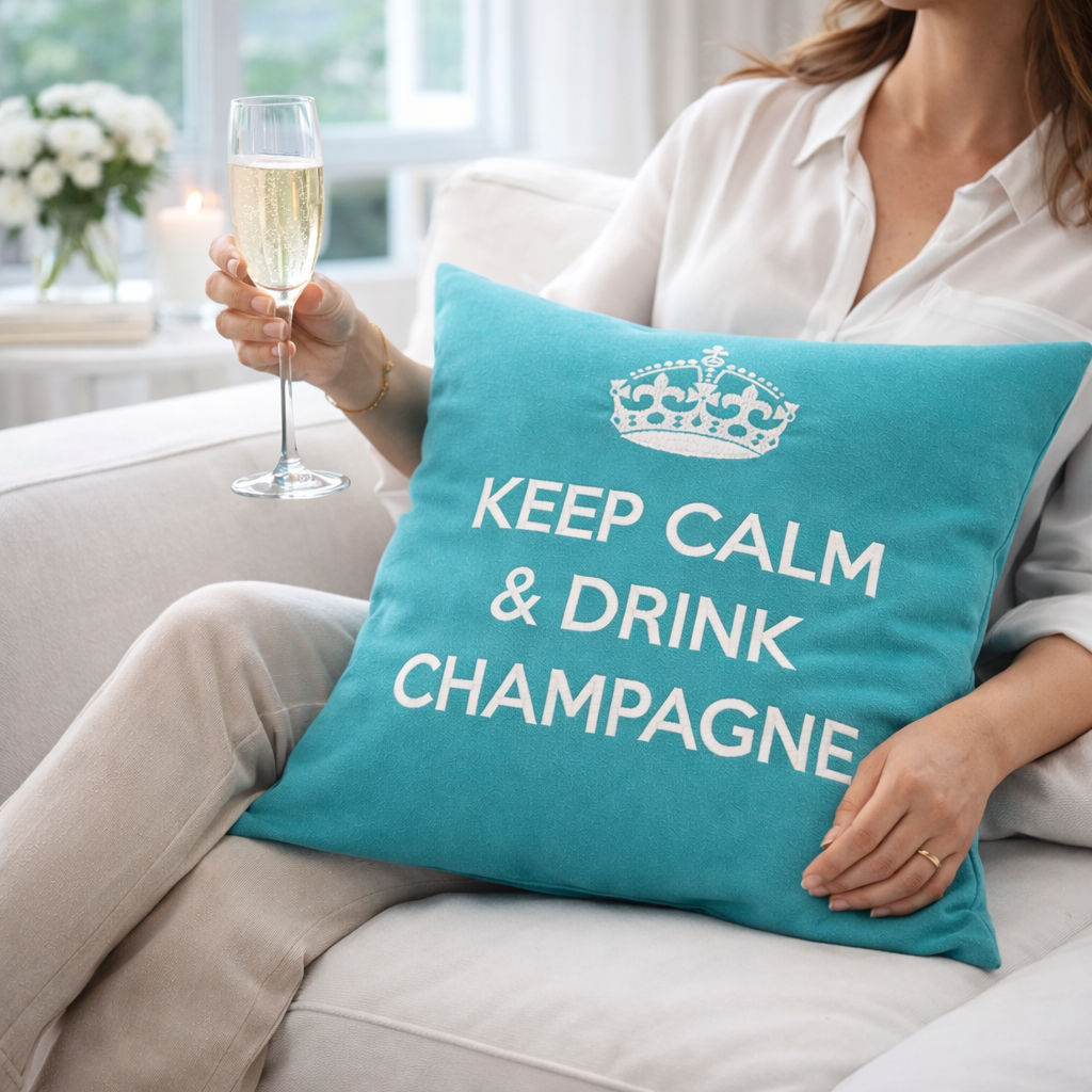 chillisy Dekokissen in türkis mit weißer Krone Stickerei und dem Schriftzug KEEP CALM & DRINK CHAMPAGNE mit Füllung hergestellt in Deutschland.
