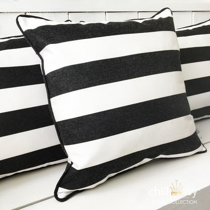 Sunbrella Outdoor cushion, black and white horizontal stripes, black piping