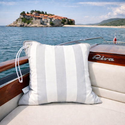 Yacht Cushion Light Grey White Striped with Eyelet & Piping