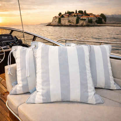 Yacht Cushion Light Grey White Striped with Eyelet & Piping