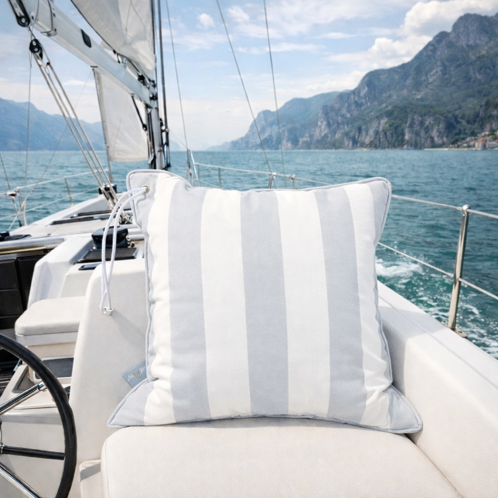 Yacht Cushion Light Grey White Striped with Eyelet & Piping