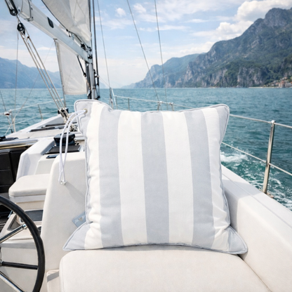 Yacht Cushion Light Grey White Striped with Eyelet & Piping