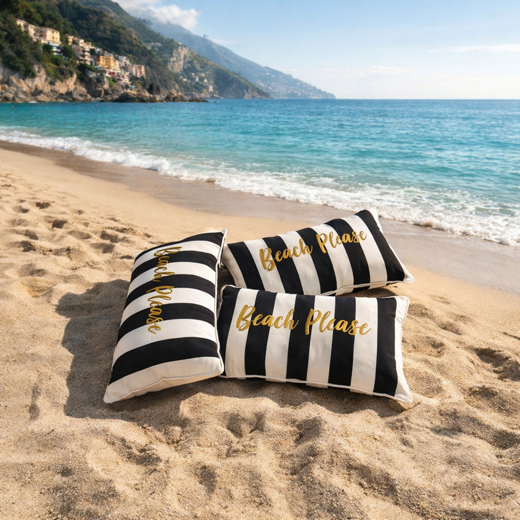 Outdoor Kissen 'Beach Please' Schwarz/Weiß Gold od. Silber