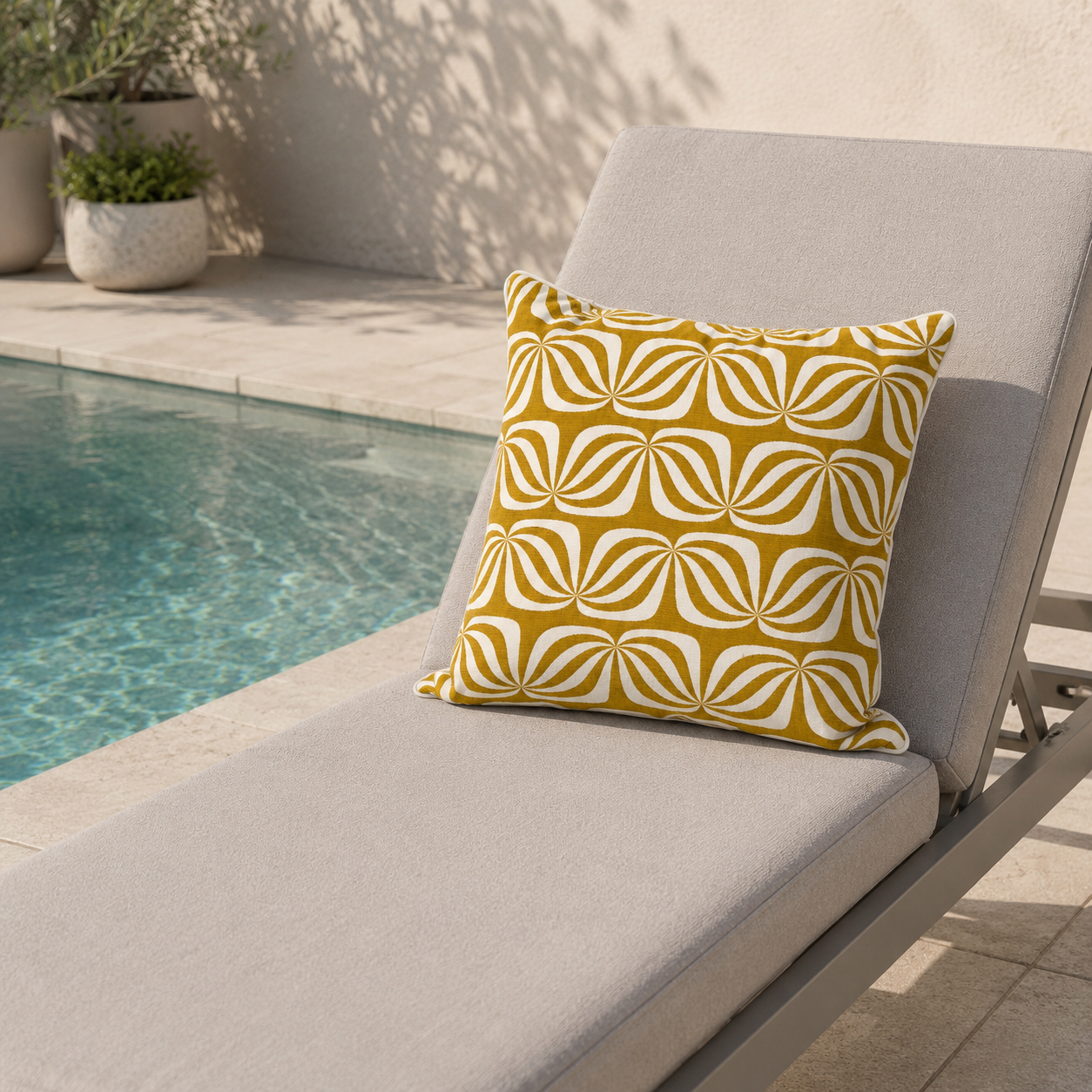Outdoor Kissen chillisy Goldfalter in Senfgelb weiss mit Keder auf grauer Gartenliege am Pool. Kissen ist witterungsbeständig und farbecht. Hergestellt in Deutschland.