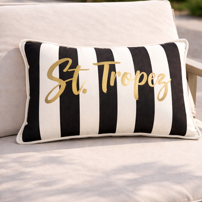 Gartenkissen wetterfest schwarz weiss gestreift mit goldenem Schriftzug St. Tropez von chillisy hergestellt in Deutschland 