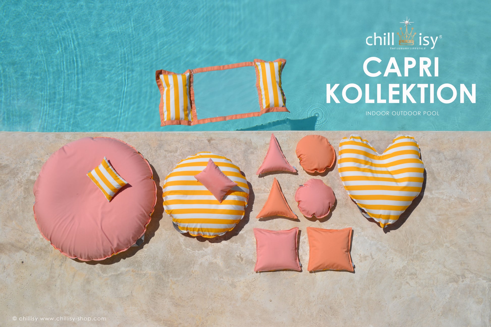 Badeinsel im Herz Format Gelb Weiß gestreift aus der Kollektion Capri von chillisy mit einem Durchmesser von circa 100 cm.