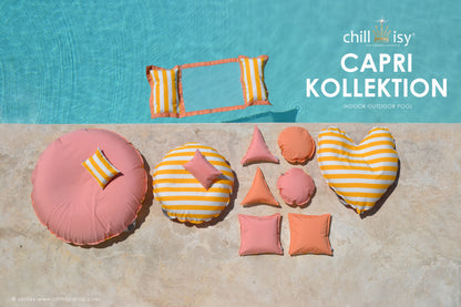 Badeinsel im Herz Format Gelb Weiß gestreift aus der Kollektion Capri von chillisy mit einem Durchmesser von circa 100 cm.
