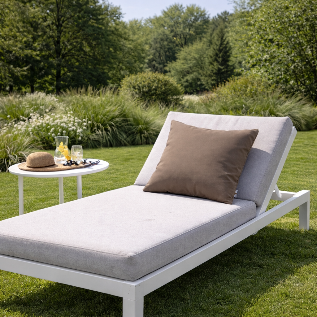 Taupefarbenes Outdoor Gartenkissen von chillisy auf moderner weißer Sonnenliege in puristischem grünen Garten im Sommer – wetterfestes Luxus Kissen für Terrasse, Garten und Poolbereich