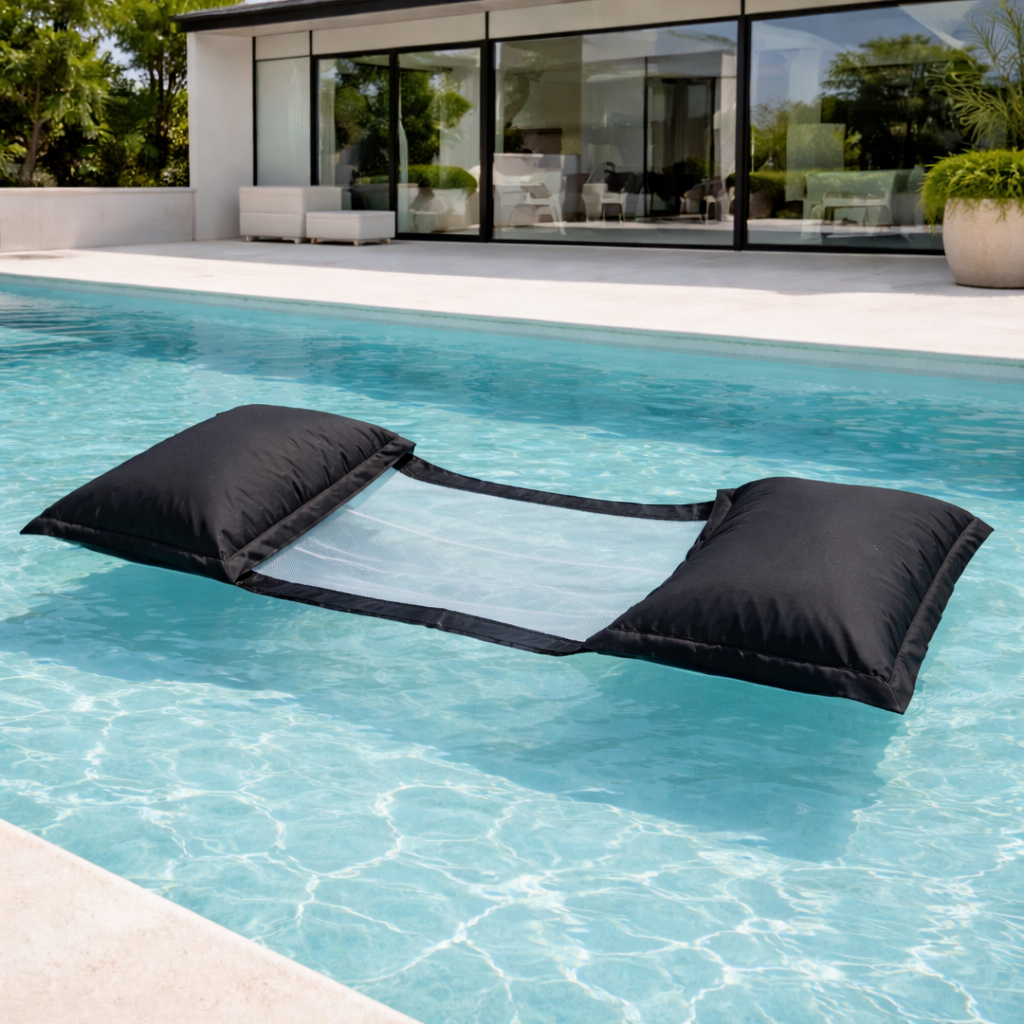 Luxus Wasserhängematte in Schwarz von chillisy schwimmt im Infinity Pool vor Villa  – Premium Poolhängematte für Sommer, Pool und Meer
