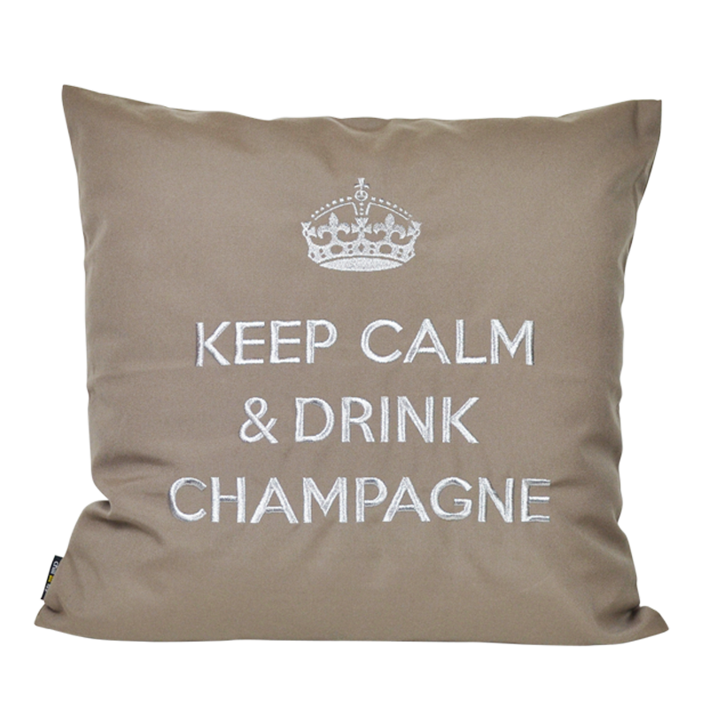 Taupes Gartennkissen mit silberner Krone und Schriftzug KEEP CALM & DRINK CHAMPAGNE bestickt für Garten, Balkon und Wohnzimmer 