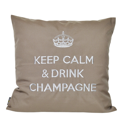 Taupes Gartennkissen mit silberner Krone und Schriftzug KEEP CALM & DRINK CHAMPAGNE bestickt für Garten, Balkon und Wohnzimmer 