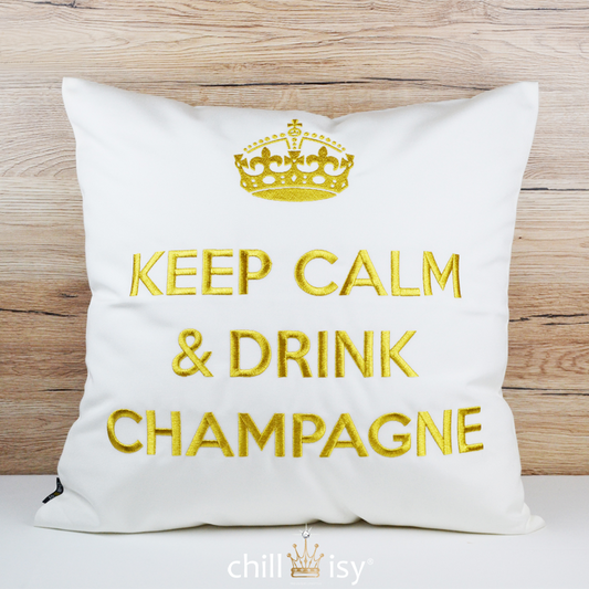 Weißes Gartenkissen mit goldeber Krone und KEEP CALM & DRINK CHAMPAGNE bestickt für Balkon, Garten und Poolhaus