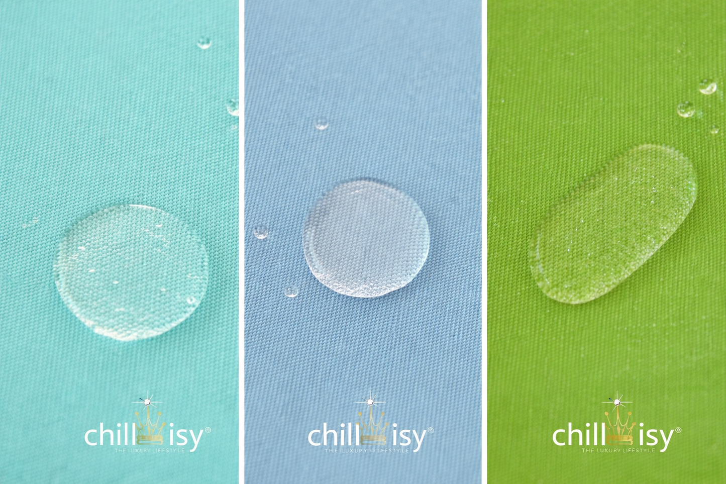Detailaufnahme wasserabweisender Outdoor-Stoffe in Mint, Aqua Blau und Grün mit chillisy Logo – hochwertiges Material für Poolkissen und Wasserhängematten