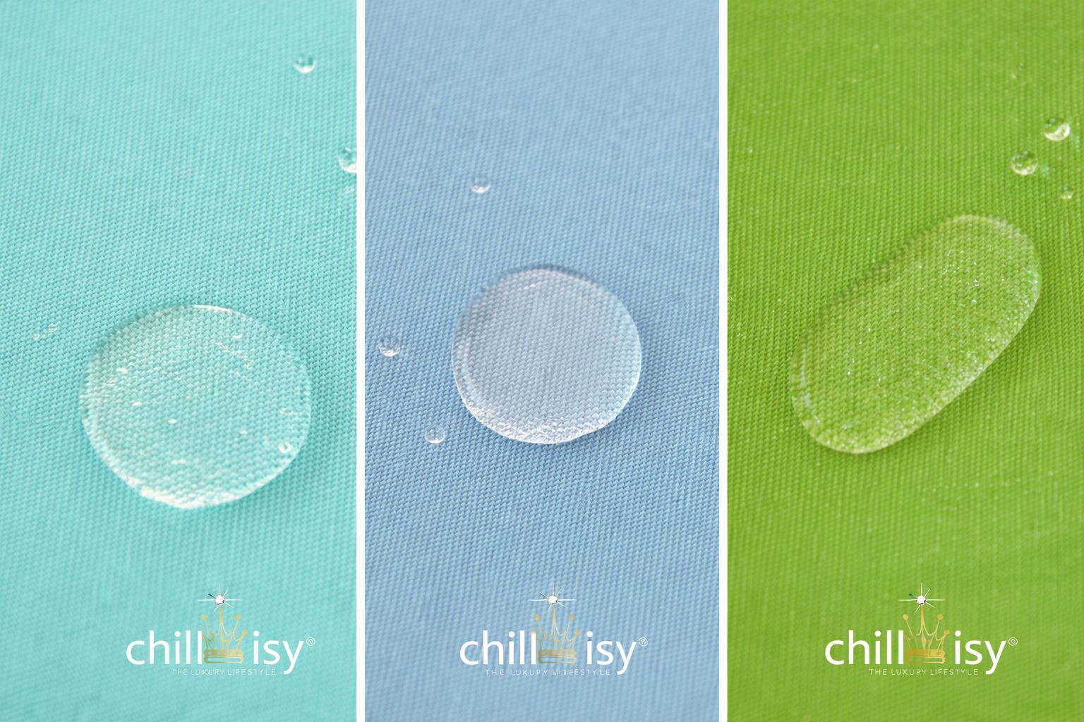 Detailaufnahme wasserabweisender Outdoor-Stoffe in Mint, Aqua Blau und Grün mit chillisy Logo – hochwertiges Material für Poolkissen und Wasserhängematten