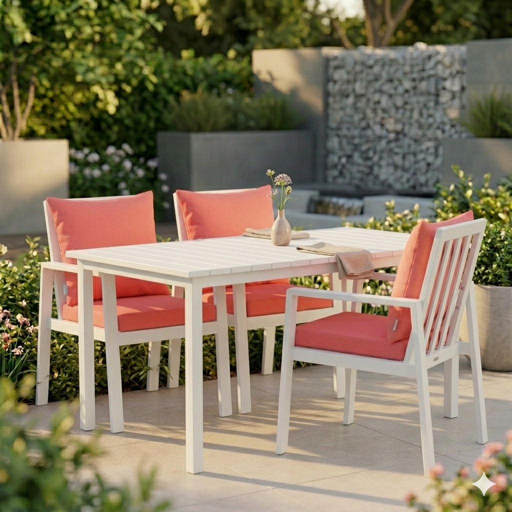 Wetterfestes Gartenkissen und Sitzkissen in koralle bzw. pink Grapefruit auf weißer Gartenlounge von chillisy hergestellt in Deutschland.