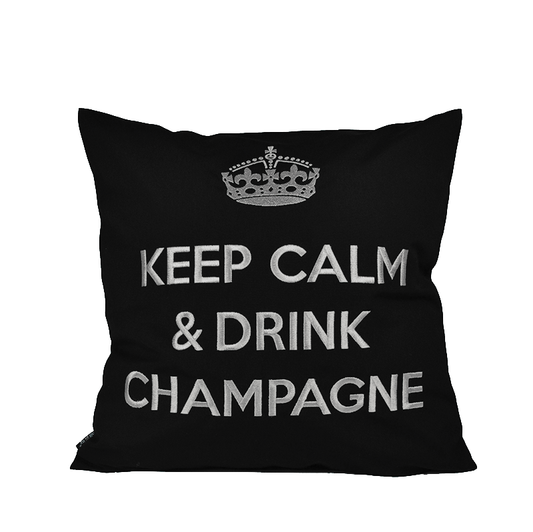 Dekokissen schwarz mit silberner Krone und Schriftzug KEEP CALM & DRINK CHAMPAGNE von chillisy