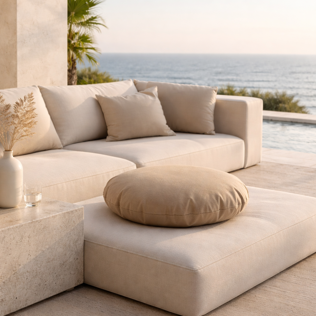 Großes rundes Gartenkissen in Beige von chillisy in Deutschland hergestellt. Witterungsbeständiges Kissen dargestellt im Gartenloungebereich mit Pool. 