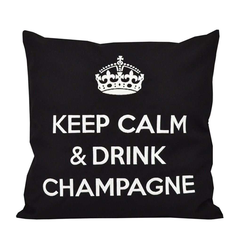 Schwarzes Kissen mit weiss gestickter Krone und Schriftzug Keep Calm Drink Champagne für Balkon, Garten und Terrasse 