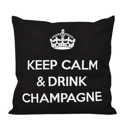 Schwarzes Kissen mit weiss gestickter Krone und Schriftzug Keep Calm Drink Champagne für Balkon, Garten und Terrasse 