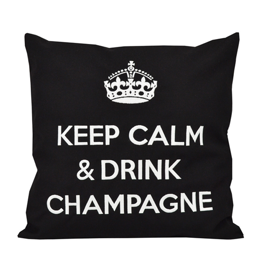 Schwarzes Kissen mit weiss gestickter Krone und Schriftzug Keep Calm Drink Champagne für Balkon, Garten und Terrasse 