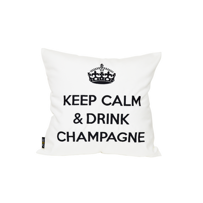 Weißes Dekokissen mit schwarz gestickter Krone und Schriftzug KEEP CALM & DRINK CHAMPAGNE für Balkon, Garten und Terrasse 
