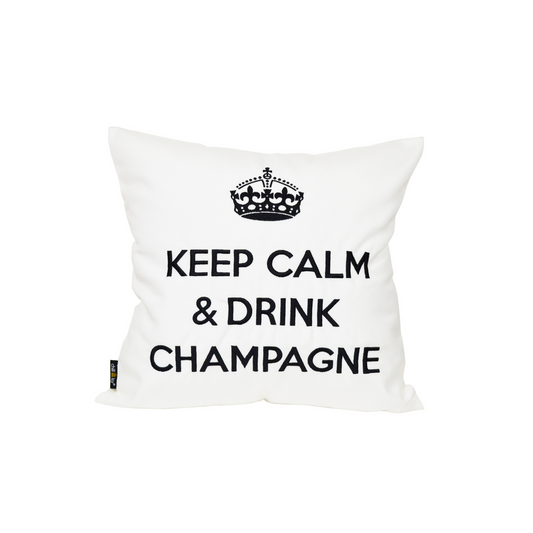 Weißes Dekokissen mit schwarz gestickter Krone und Schriftzug KEEP CALM & DRINK CHAMPAGNE für Balkon, Garten und Terrasse 