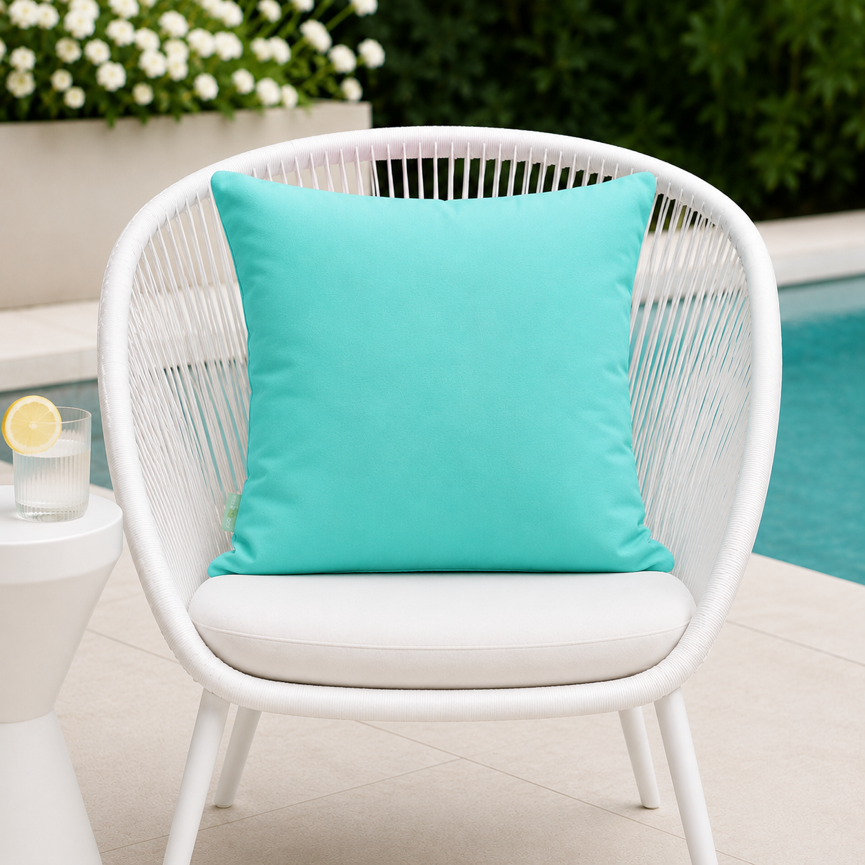 Mint farbenes Gartenkissen auf weißem modernen Gartenstuhl am Pool von chillisy heregstellt in Deutschland.