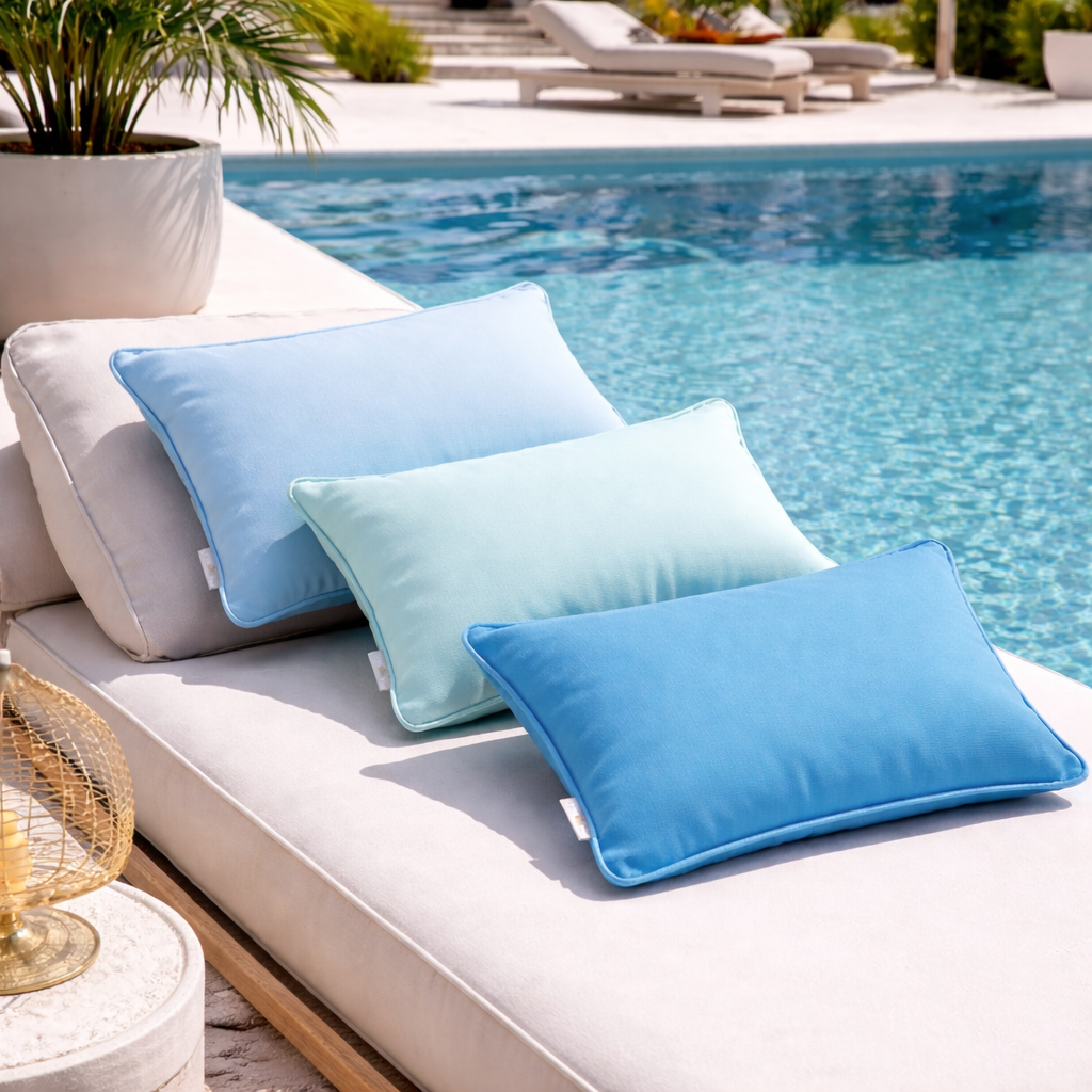 Outdoor Kissen Beach House auf Gartenliege in Aqua Blau, Mint und Türkis am Poolrand von chillisy hergestellt in Deutschland.