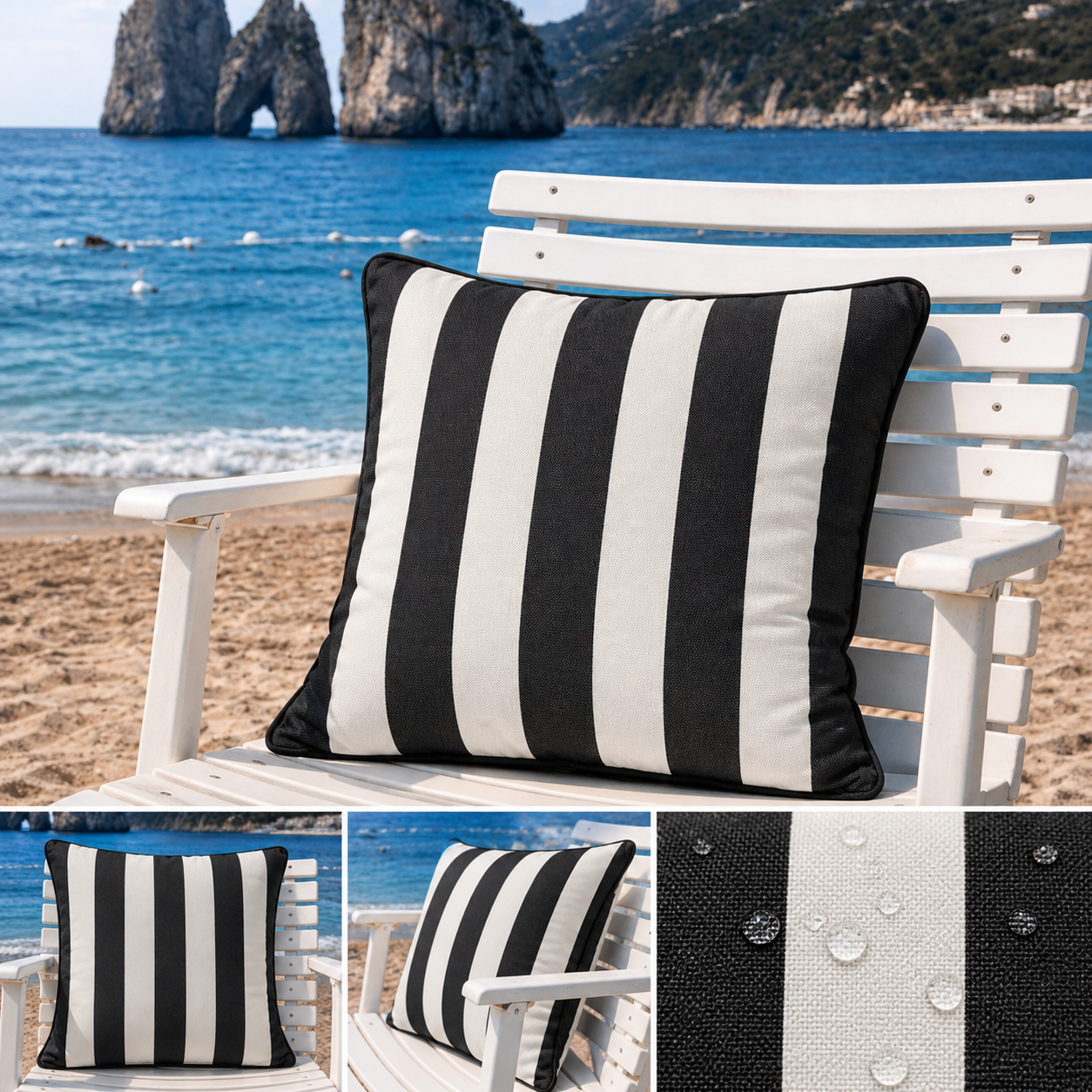 Kissen Sunbrella Vision Costa Middleburg schwarz Blockstreifen chillisy auf Gartenstuhl am Strand.