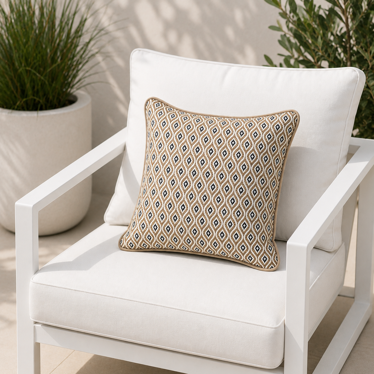 Beiges Kissen Sunbrella KOMO RAFFIA wetterfest für Outdoor und Indoor hergestellt von chillisy in Deutschland. Dargestellt auf weißem Gartenstuhl mit weißen Polstern.
