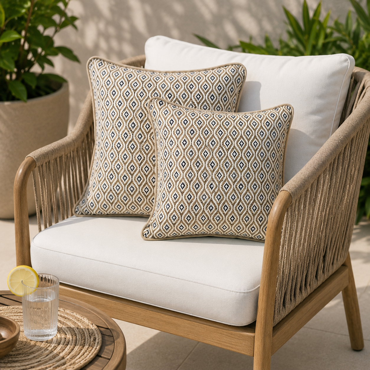 Beiges Kissen Sunbrella KOMO RAFFIA wetterfest für Outdoor und Indoor hergestellt von chillisy in Deutschland. Dargestellt auf beigen Gartenstuhl mit weißen Polstern.