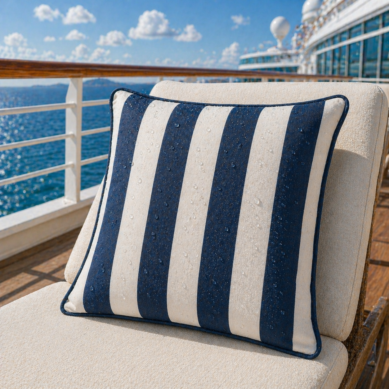 Wasserabweisendes Luxus Outdoor Kissen blau weiß gestreift mit blauem Keder aus Sunbrella Vision Costa Capri von chillisy gefertigt, auf Sonnenliege an Bord eines Kreuzfahrtschiffs