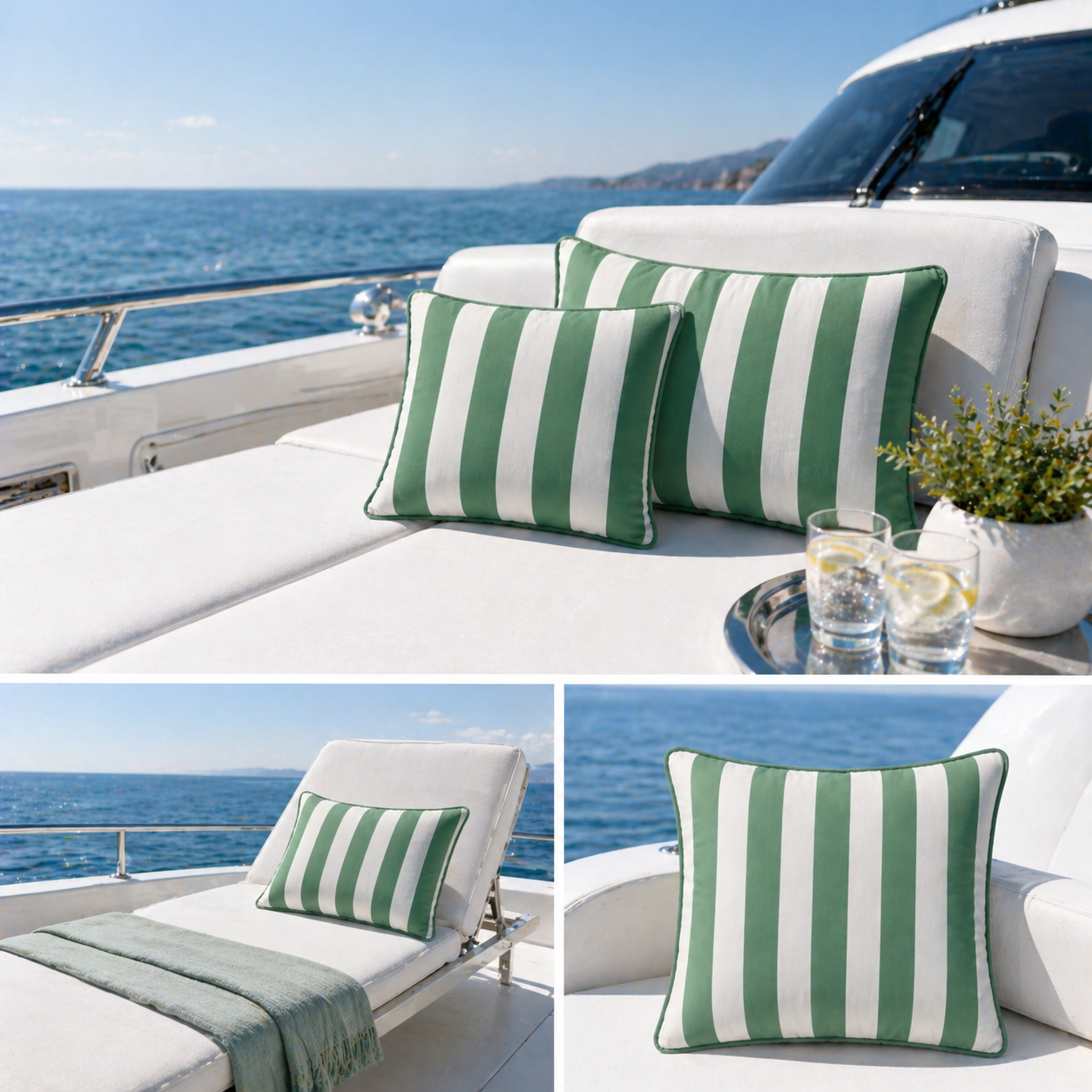 Grün gestreiftes Yachtkissen aus Subrella Vision Costa Clovely Stoff hergestellt von chillisy in Deutschland. Wetterfest. Auf Motoryacht dargestellt.