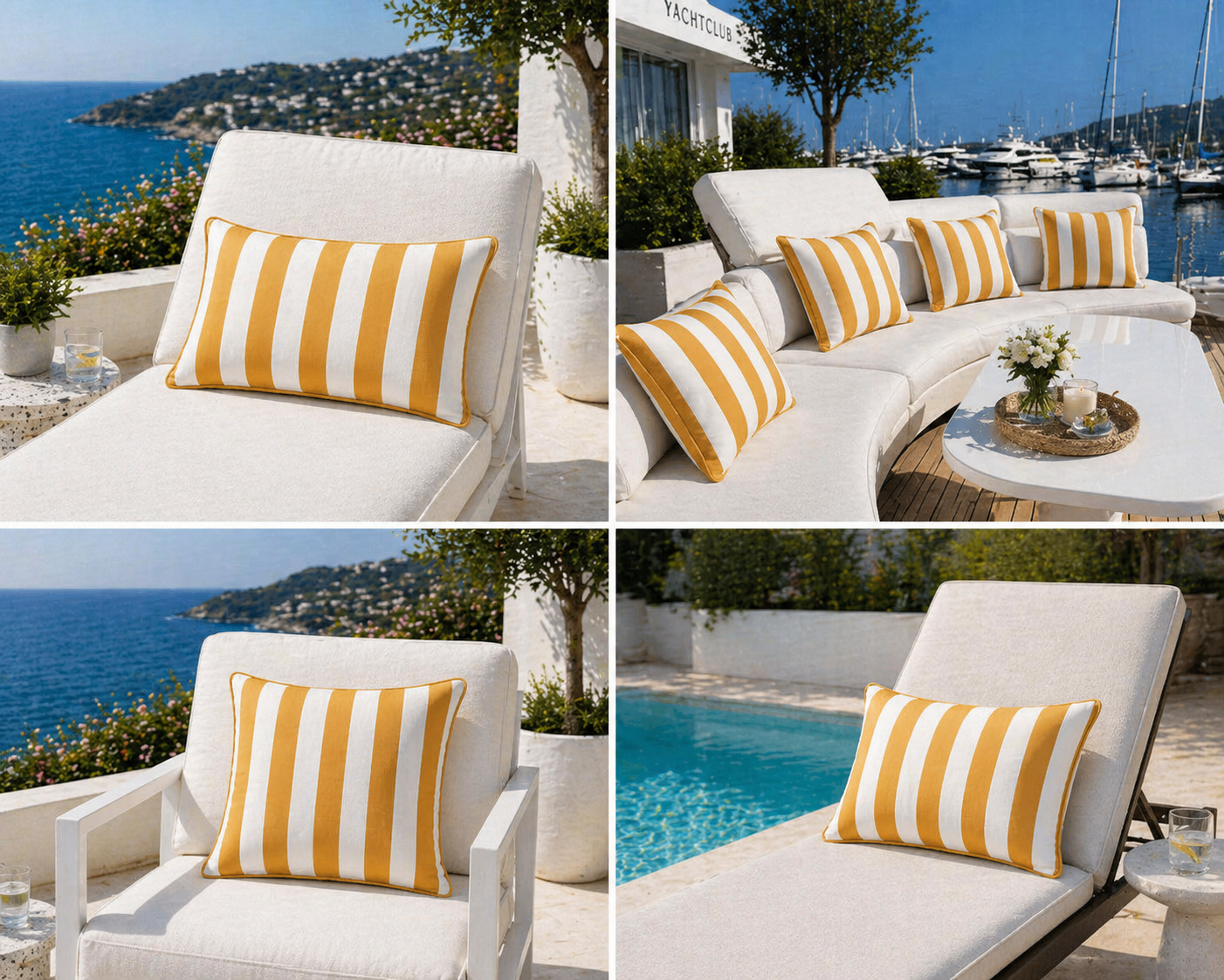 Outdoor Kissen Sunbrella Vision Costa Menton in Honig Sand gestreift mit Keder von chillisy in Deutschland hergestellt auf weißer Sonnenliege am Pool  – wetterfest & UV-beständig, am Meer, im Yachthafen.