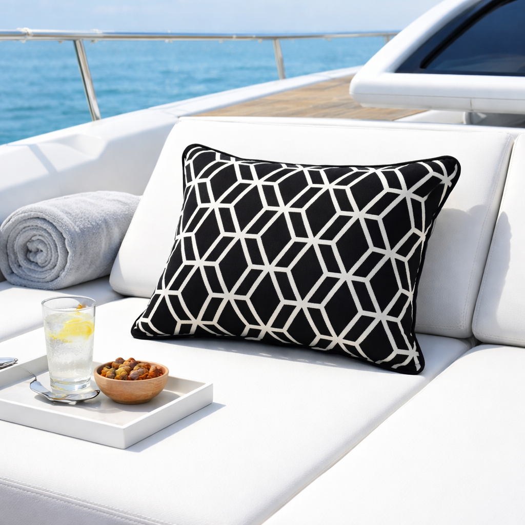 Gartenkissen für Outdoor, Indoor und Yacht im der Farbe schwarz mit weißem geometrischen Muster auf einem Yachtdeck dargestellt. Von chillisy hergestellt in Deutschland.