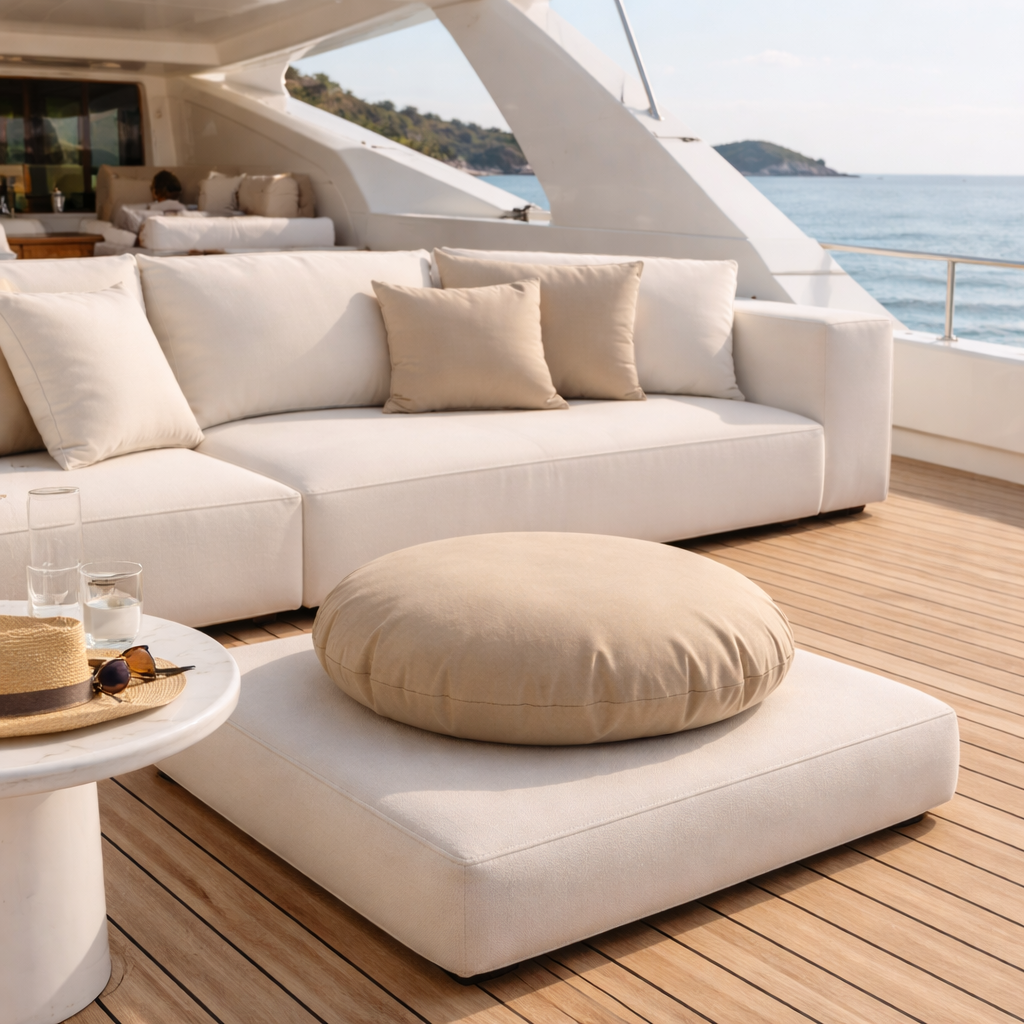 Rundes Bodenkissen in Beige auf Yacht von chillisy wetterfest in Deutschland hergestellt.