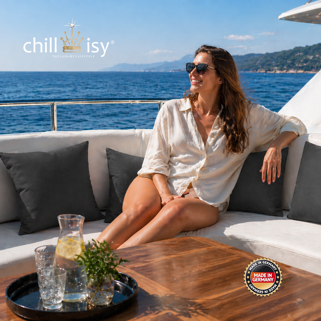 Luxus Outdoor Kissen quadratisch anthrazit für Garten, Pool & Yacht – wetterfest, formstabil, Made in Germany | chillisy®