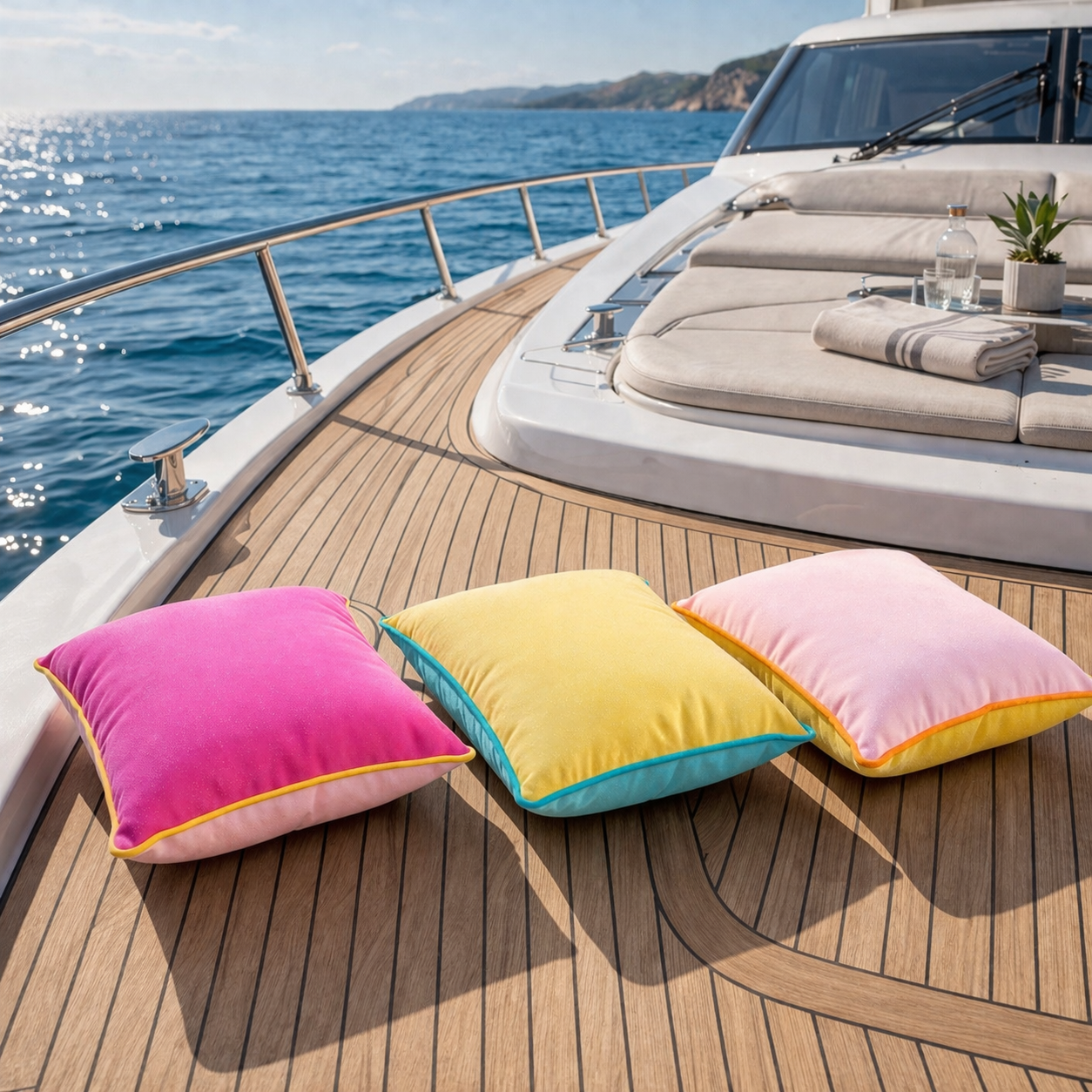 Bunte Bootskissen in sommerlichen Farben auf Holzdeck einer Yacht– hochwertige wetterfeste chillisy Outdoor Kissen