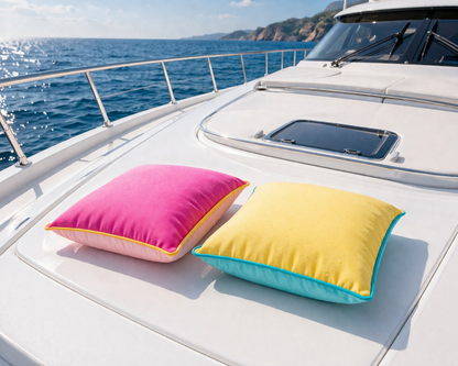 Bootskissen in pink, gelb und mint  auf weißem Schiffsdeck auf dem Meer – hochwertige wetterfeste chillisy Outdoor Kissen