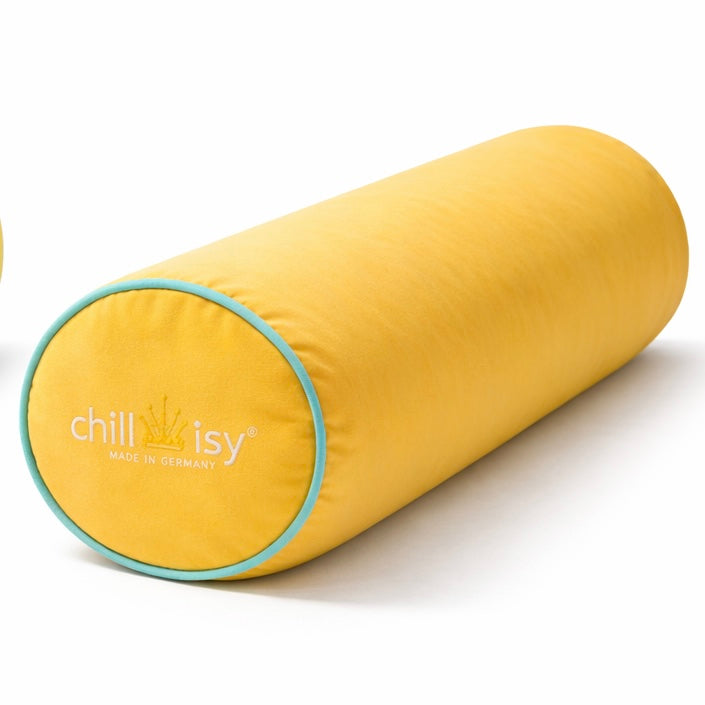 Gelbe chillisy Nackenrolle mit türkiser Paspel, Outdoor Kissen zylindrisch für Pool, Garten und Yacht, wasserabweisend, UV-beständig, Made in Germany
