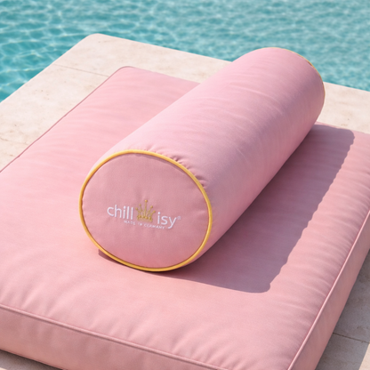 Rosa chillisy Nackenrolle mit gelber Paspel, Outdoor Kissen zylindrisch für Pool, Garten und Yacht, auf Daybed, wasserabweisend, UV-beständig, Made in Germany
