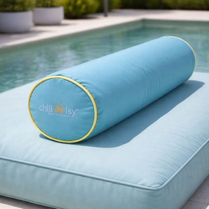 Türkise chillisy Nackenrolle mit gelber Paspel, Outdoor Kissen zylindrisch für Pool, Garten und Yacht, am pool auf Daybed, wasserabweisend, UV-beständig, Made in Germany
