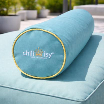 Türkise chillisy Nackenrolle mit gelber Paspel, Outdoor Kissen zylindrisch für Pool, Garten und Yacht, auf Daybed, wasserabweisend, UV-beständig, Made in Germany
