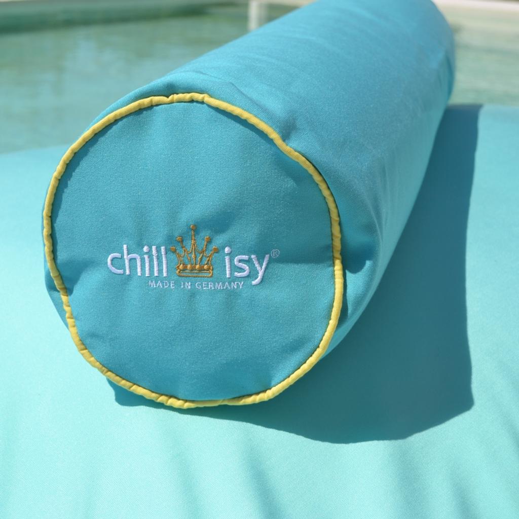 Türkise chillisy Nackenrolle mit gelber Paspel, Outdoor Kissen zylindrisch für Pool, Garten und Yacht, wasserabweisend, UV-beständig, Made in Germany
