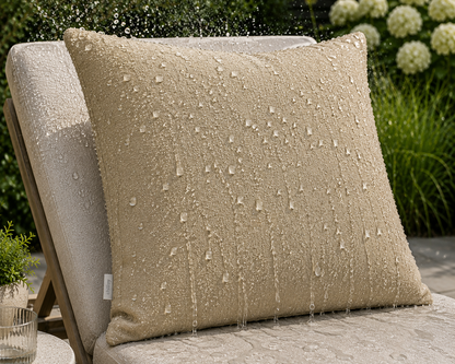 Wasserabweisende Outdoor Kissen Taupe Melange hergestellt von chillisy in Deutschland. Dargestellt auf beigem Gartenstuhl.