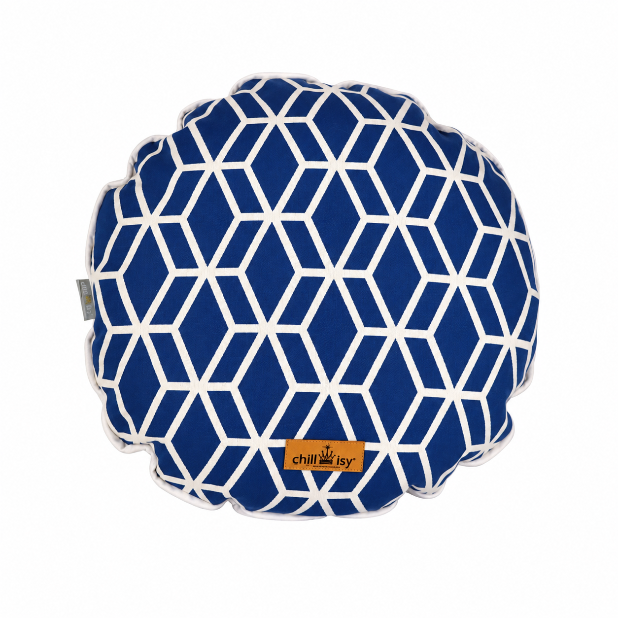 Designer Rundkissen Blau Weiß genäht in Deutschland aus italienischem Stoff. Durchmesser: 40 cm, 80 cm, 100 cm.
